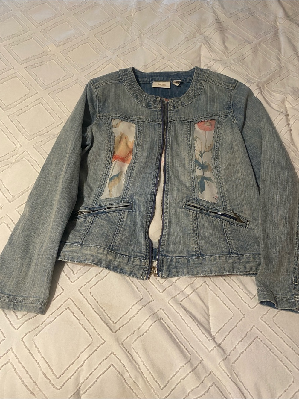Chico's Upcycled Light Blue Denim Jacket with Floral Panel Insets